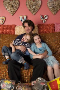 Rob Wilder at home in Santa Fe, NM with his children Poppy, 9, and London, 4.